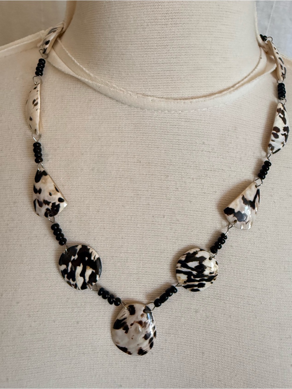 Handmade Black & White Patterned shell Necklace Hawaiian jewelry made in Hawaii
